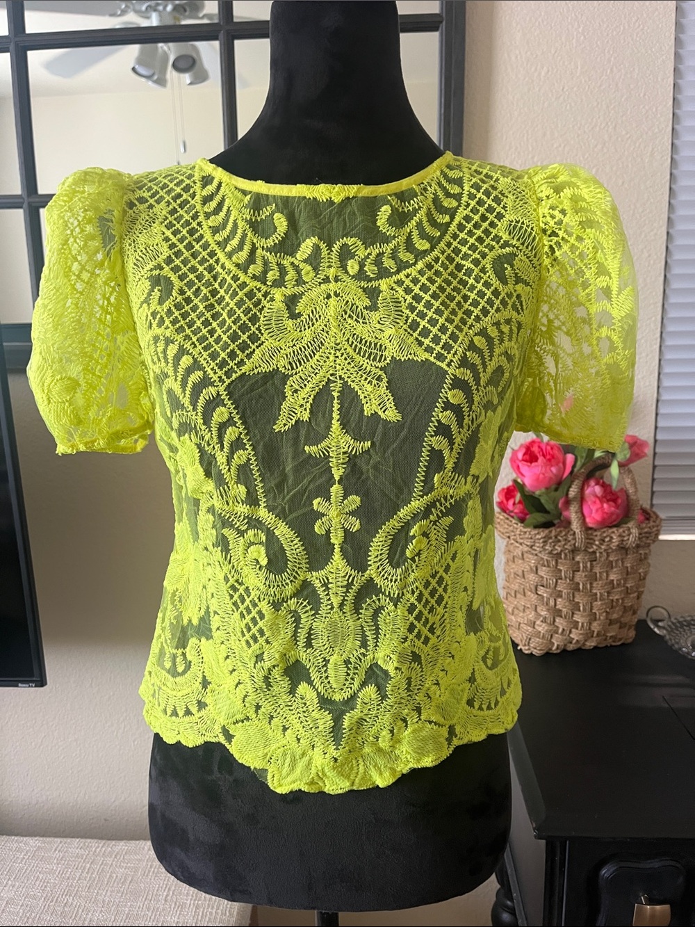 Peach Neon Yellow Lace Puff Sleeve Blouse